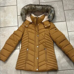 Laundry By Shelli Segal Brown Puffer Jacket with Faux Fur Hood